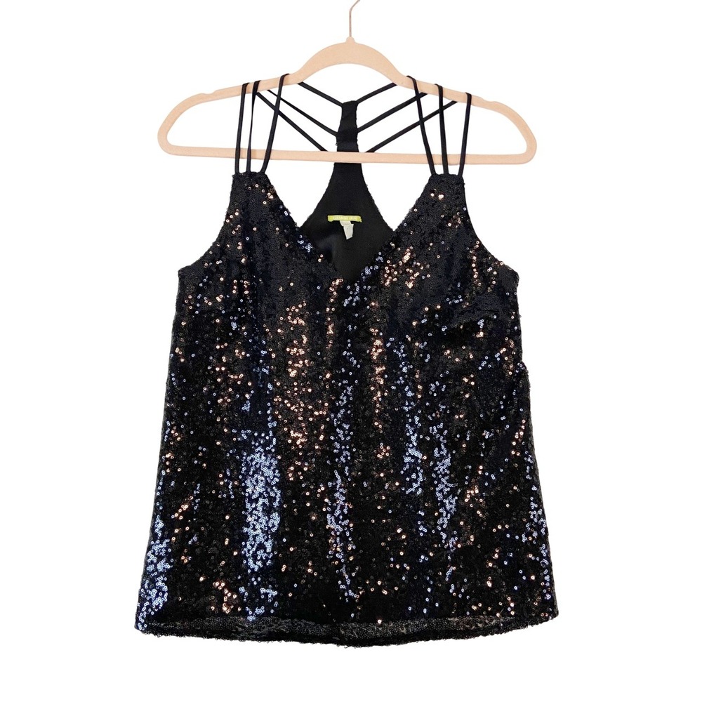 Gianni Bini Black Sequin Cami Tank Top Spaghetti Strap Party Women's XS NYE